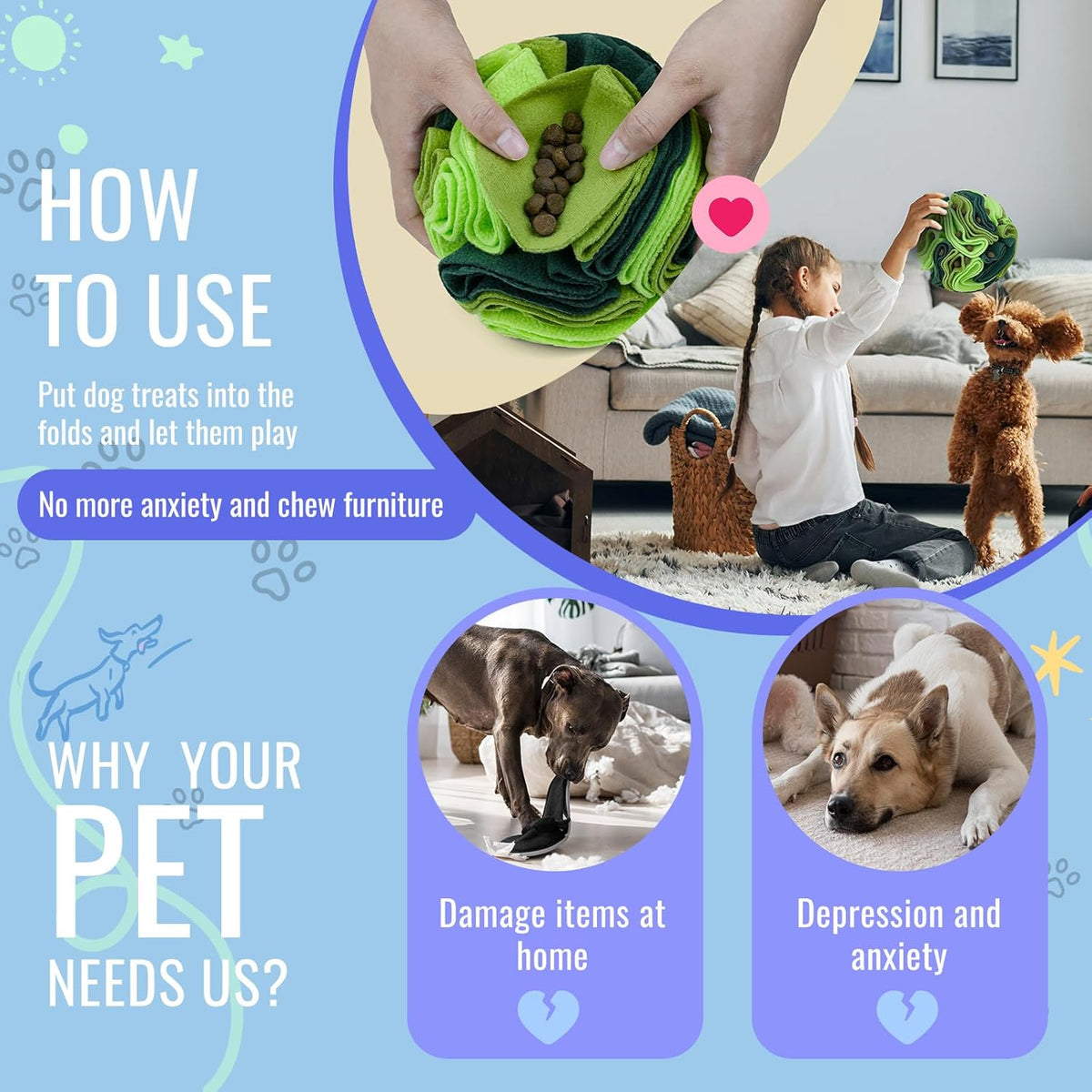 Pet Snuffle Ball, Puzzle Sniffing Interactive Dog Ball for Blind Dogs Training Stress Relief Dog Enrichment Toys Treat Machine Washable (20cm, Gradient Green)