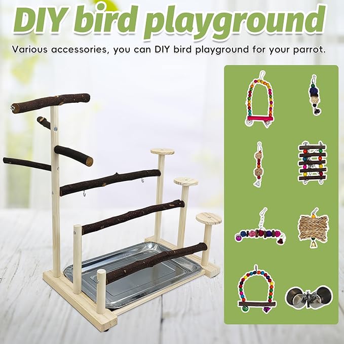 PINVNBY Bird Playground 9 PCS Parrot Perch Stand Play Gym Cockatiel Wood Bird Toys Birds Cage Accessories Playpen with Feeder Cups Hanging Swing Toys for Parakeet Conure Lovebird Cockatiel