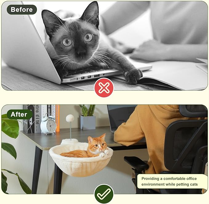 PAWZ Road Cat Bed for Desk with Interactive Plush Ball, 12 Inches in Diameter,Space-Saving Cat Desk Bed, White Cats Hammock for Table Supports Up to 40lbs, Medium