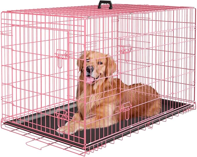 PayLessHere Large Dog Crate Kennel for Medium Large Dogs Metal Dog Cage Double-Door Folding Travel Indoor Outdoor Puppy Playpen with Divider and Handle Plastic Tray (48 Inch, Pink)