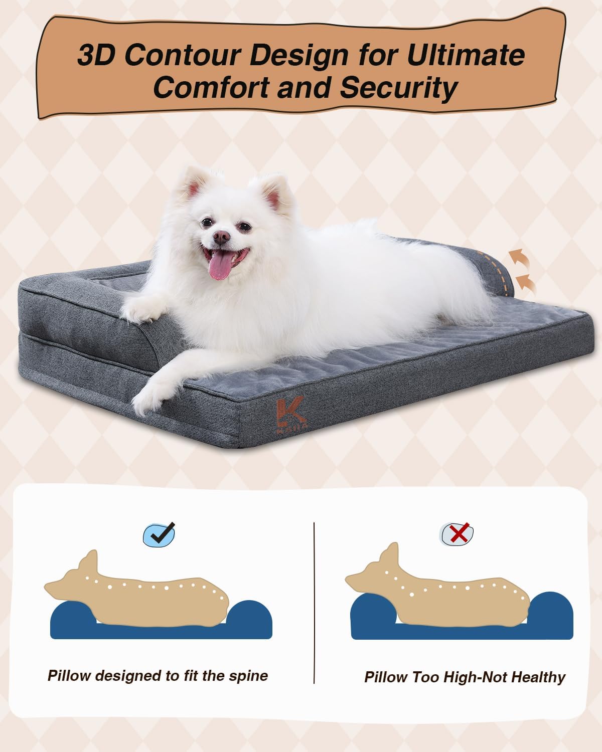 KSIIA Orthopedic Dog Bed for Medium Size Dog，Washable Pet Sofa with U-Shaped Bolster Removable Waterproof Cover Non-Slip Bottom and Egg-Crate Orthopedic Foam Pet Couch Bed, 35 x 22 Inch, Dark Gray