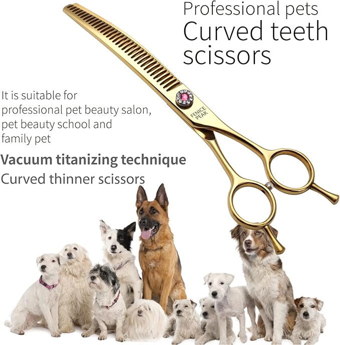 Fenice Peak Professional Dog Grooming Scissors Pet Curved Chunker Shears 7.0'' Extremely Sharp Blades 440C Steel Thinning Scissors Durable Smooth Motion & Fine Cut for Dogs and Cats(Gold)