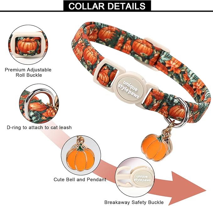 Unique style paws 2 Pack Autumn Halloween Kitten Collar Breakaway with Bell&Pendant, Adjustable Safety Oil Painting Pumpkin Party Cat Cotton Collar for Girl Boy Cat and Small Pet