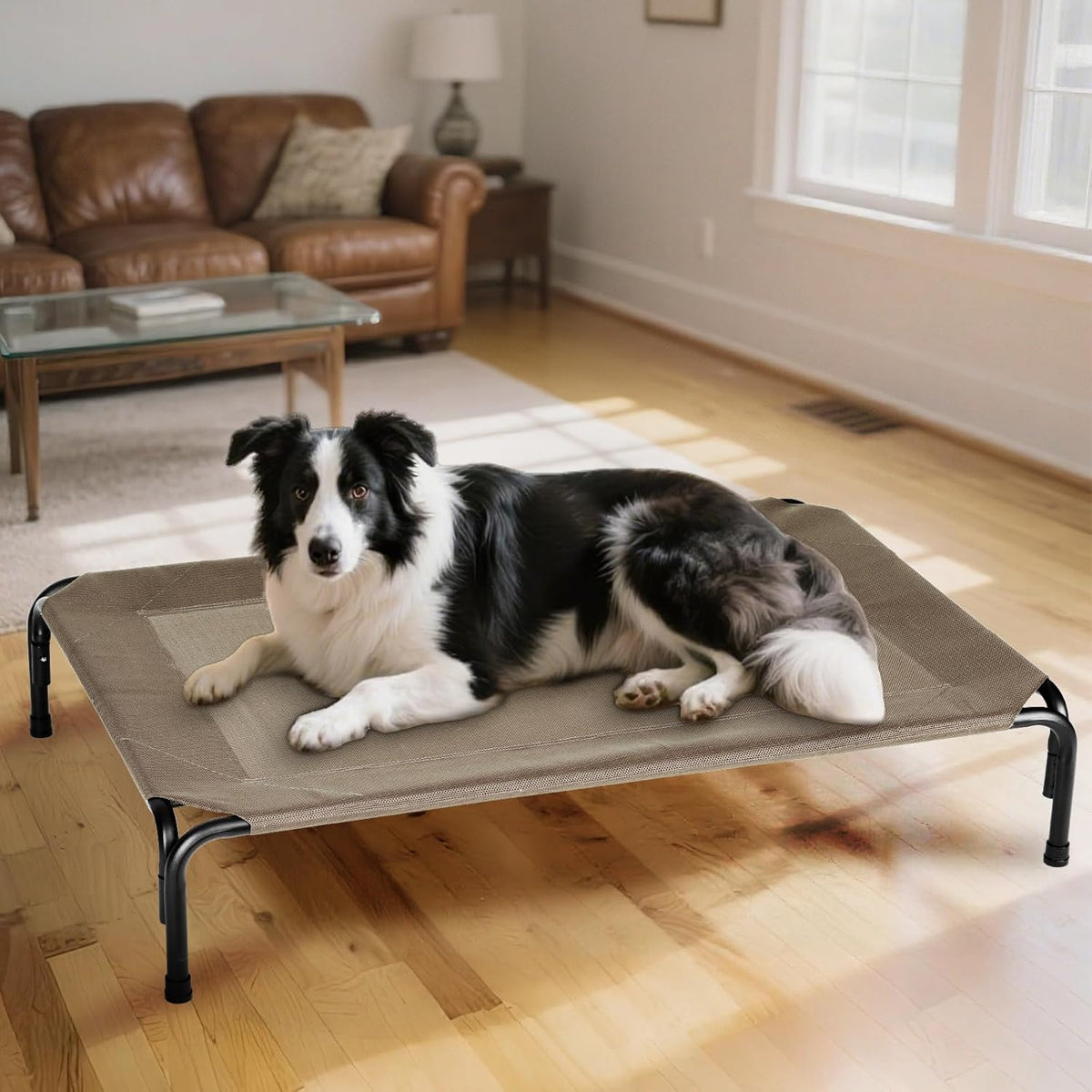 Elevated Dog Bed Outdoor, Medium Raised Cooling Dogs Cot, Lifted Pet Beds with Durable Breathable Teslin Mesh, Pet's Hammock with Non-Slip Feet, 35 inch Brown