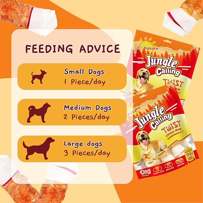 Jungle Calling Chicken Wrap Knotted Bones Dog Chews, Long Lasting Beefhide Treats Real Rawhide Bones for Large Dogs Edible Training Treats