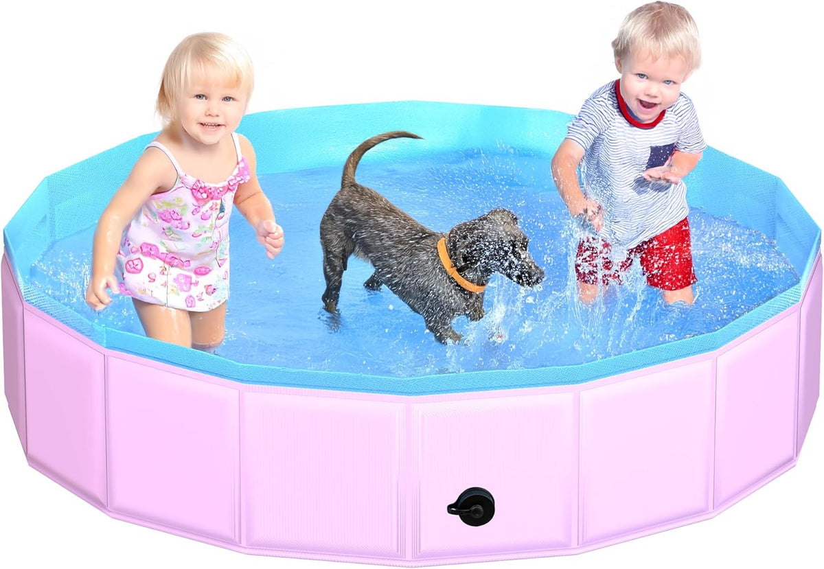 2025 Updated Foldable Dog Pool, 63" x 12" Kiddie Pool with Hard Plastic, Non-Slip Dog Bath Tub for Outdoor Backyard, Collapsible Dog Swimming Pool for Kids Dogs Pets (Pink)
