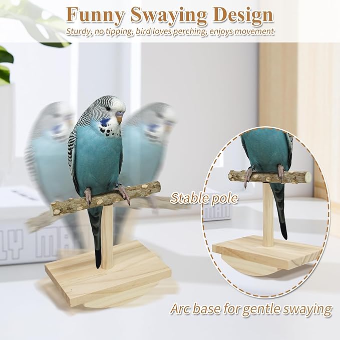 Natural Wood Bird Perch Stand,Rocking Perch for Birds,Intelligence Puzzle Training Wood Parrot Tumbler Toy,Bird Stand Swing Playstand Birds Accessories for Parakeets,Cockatiels,Budgies,Conures(Small)