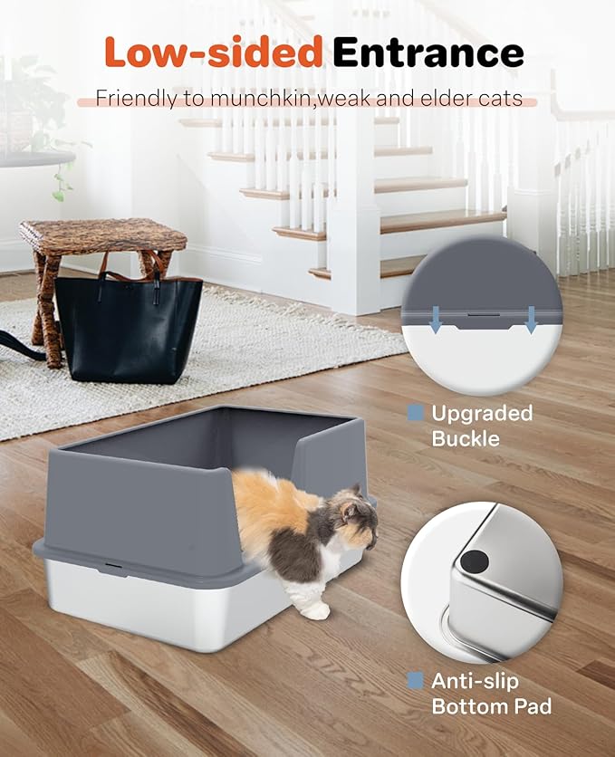 Stainless Steel Litter Box with Lid, 23.5" L x 15.8" W x 12.6" H, XL Metal Cat Box for Big Cats, High Sided Kitty Litter Box with Scoop & Pee Pads, Non-Sticky, Anti-Leakage, Easy to Clean (Gray)
