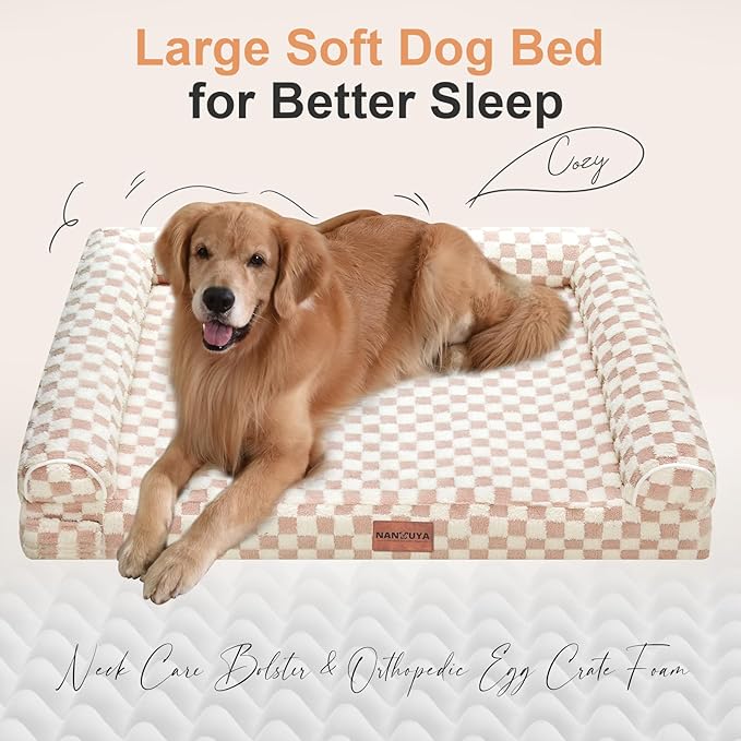 Large Dog Bed Orthopedic Washable: Beds Bolster XL Bed Medium Large Dogs Egg Crate Foam Couch Sofa Waterproof with Removable Cover - Pink Grid