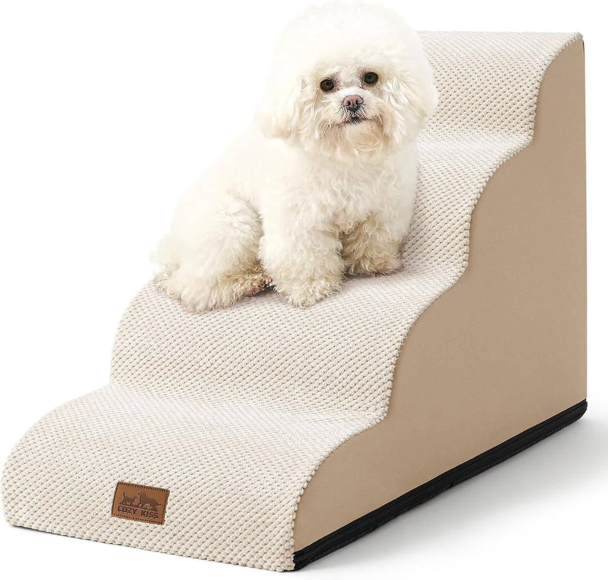 Dog Stairs for Small Dogs 19.7" H, Curved Dog Step for Puppy, Older or Cat, Medium Pet Ramp for Sofa, Couch or Bed, Ladder with High Density Foam, 15.7x28.3x19.7 inch, 4 Step, Beige