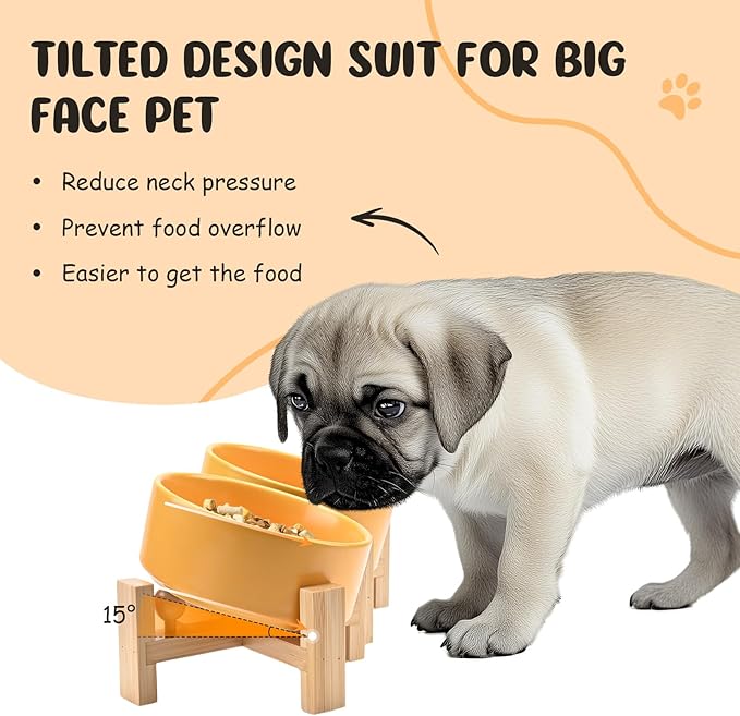 SPUNKYJUNKY 15° Slanted Ceramic Dog and Cat Bowl with Wooden Stand, Tilted Bulldog Food and Water Bowl No Slip Non-Spill for Cats Medium Dogs Big Face Pets 13.5 OZ (1.7 Cups, Yellow × 2)