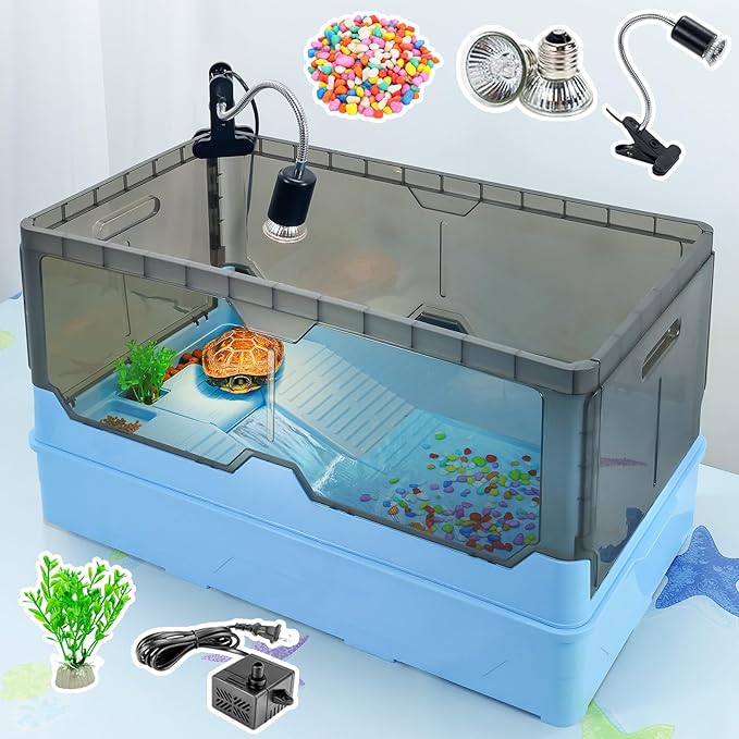 Turtle Habitat Tank Kit– Fresh Filtration, Waterplay Fun, Diverse Living, Heat Lamp, Water Pump and Convenient Water Changes in Turtle cage Tanks (Blue, XL)