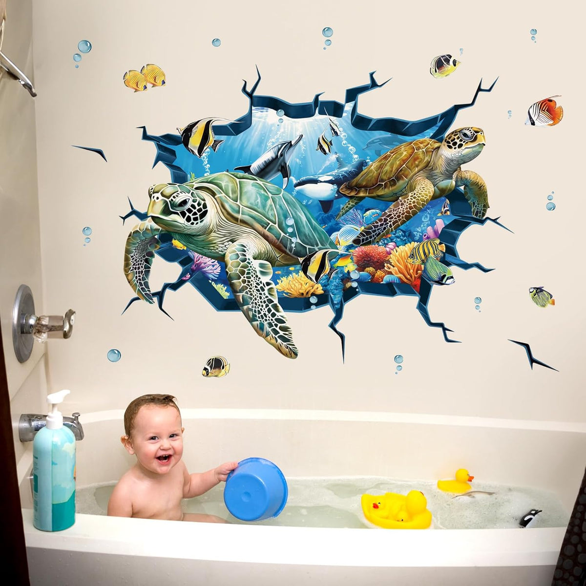 decalmile 3D Under The Sea Turtle Wall Decals Underwater Ocean Fish Broken Wall Stickers Kids Bedroom Living Room Bathroom Wall Decor