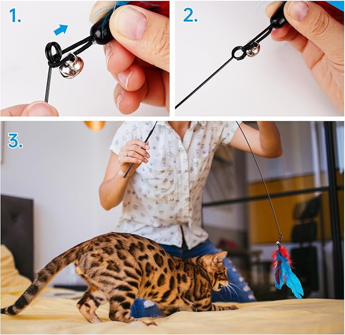 ZooZoo 14PCS Interactive Cat Feather Toy Set for Indoor Cats, Active Play Kit with Door Hanging Toy, Double-Sided Suction Cat Wand with Feathers, Mice & Fur Balls, Encourages Hunting, Jumping, Chasing