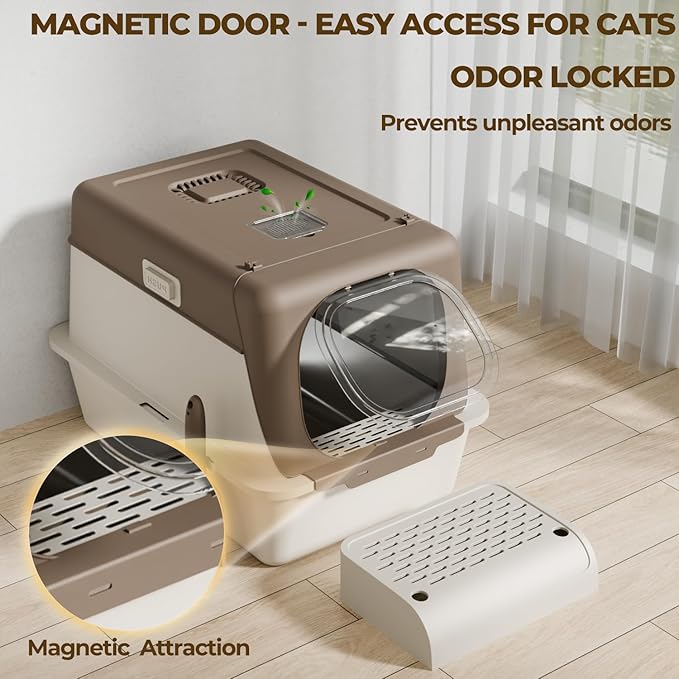 Stainless Steel Cat Litter Box with Lid, XX-Large Extra Large Litter Boxes for Large Cats,Enclosed Removable Metal Kitty Litter Box with High Sided,Magnetic Door,40L Box, Litter Trap Step/Mat