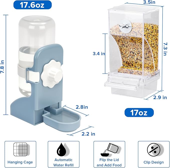 No Mess Bird Feeder Water Dispenser Set, Parakeet Cage Accessories, Bird Feeder and Waterers in Cage for Cockatiels, Finches, Lovebirds, Budgies, Canaries