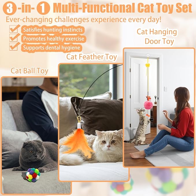 4-in-1 Interactive Cat Toys Set with Suction Cup Wand, Hanging Cat Toys, Fishing Pole Cat Wand & Kitten Balls- Includes Variety Replaceable Worms, Feathers for Indoor Bored Cats for Exercise