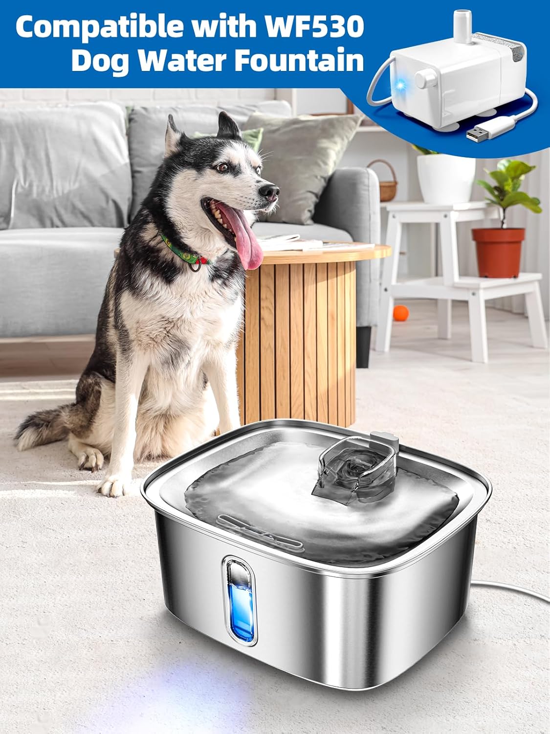 Dog Water Fountain for Large Dogs, 9L/2.4Gal Stainless Steel Dog Fountain with Water Level Window & Filtration, Automatic Pet Water Bowl Dispenser Indoor, for All Dogs and Multi-Pet (Pump)