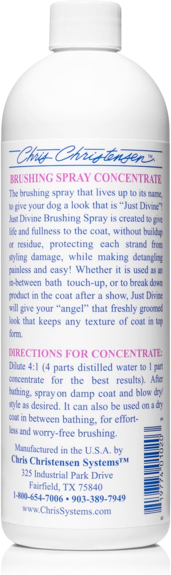 Chris Christensen Just Divine Dog Brushing Spray Concentrate, Groom Like a Professional, Prevents Brushing Damage, Light Detangler, All Coat Types, Made in USA, 16oz