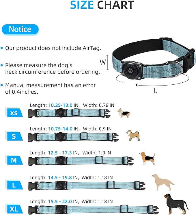 Upgraded AirTag Dog Collar, IP68 Waterproof Air Tag Dog Collar Holder, Reflective, Ultra-Durable, Comfortable Padded, Heavy Duty Dog Collars for Small Medium Large Dogs (S (10.6"-13.6"), LightBlue)