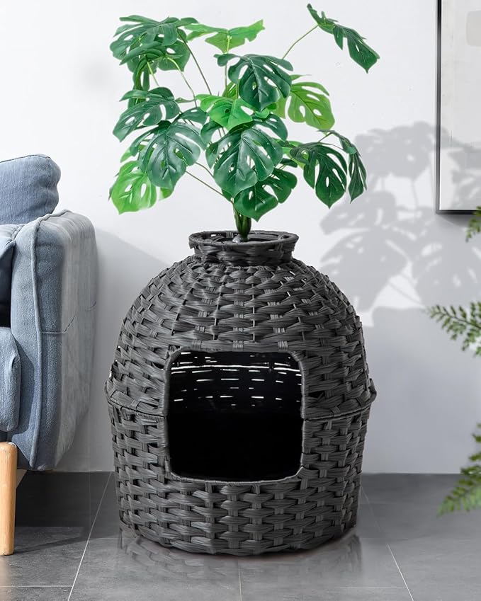 Cat Litter Box Plant Furniture Enclosure, Hidden Handwoven Rattan with Cat Litter Box and Artificial Plants, Odor Control Filter, Real Stones in Living Room, Bedroom, Corner (Black)