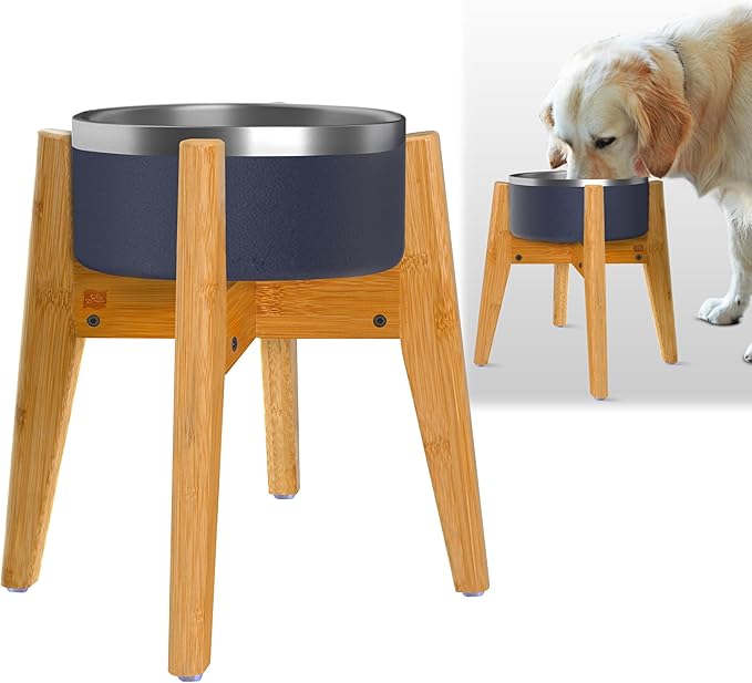 Dog Bowl Stand (12-inch High) - Ideal for Large Breeds - Adjustable Sideways, Slanted Feet - Elevates, Raises Pet Food Feeders, Water Dishes, Fountains, Dispensers - Bamboo Stand Only