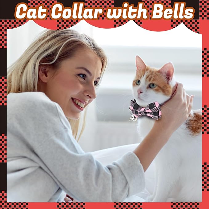 6 Pack Breakaway Cat Collars with Bow Tie and Bell Classic Plaid Kitten Cat Collars Adjustable Cat Bowtie Collar with Pendants for Girl Boy Kitten Cats