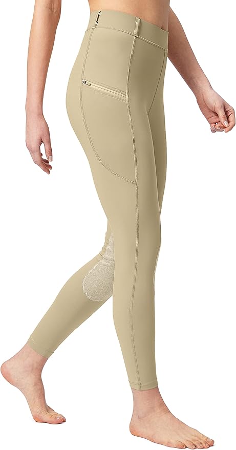 SANTINY Women's Horse Riding Pants with Zipper Pockets Knee-Patch Schooling Tights Equestrian Breeches for Women