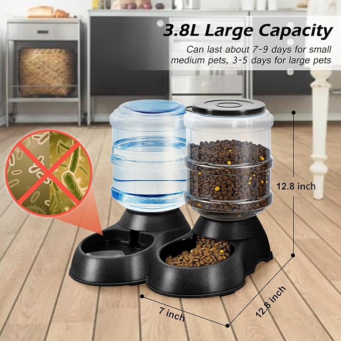 2 Pack Automatic Cat Feeder and Water Dispenser in Set Pet Food Bowl for Small Medium Dog Pets Puppy Kitten Big Capacity 1 Gallon x 2 (Dark Black)