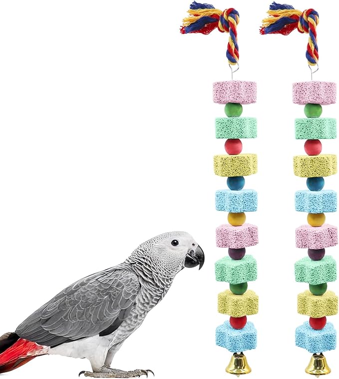 2 Pack Bird Chewing Toy, Colorful Parrot Beak Grinding Calcium Stone with Bells, Cage Accessories for Cockatiels Parakeets Parrots Budgies Lovebirds Rat Hamster Chinchilla Rabbit Bunny African Grey