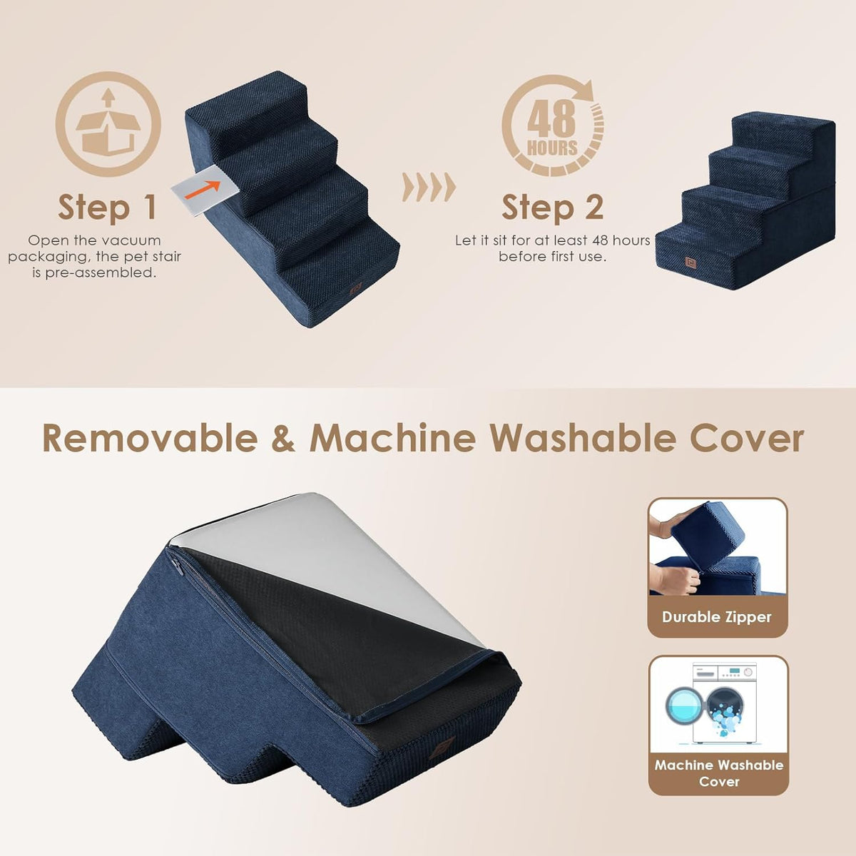 EHEYCIGA Dog Stairs for Bed 18" H, 4-Step Dog Steps for High Bed, Pet Steps for Small Dogs and Cats, Non-Slip Balanced Pet Ramp Indoor, Navy Blue