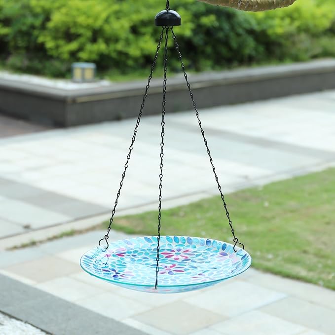 MUMTOP Mosaic Hanging Bird Bath-Bird Baths for Outdoors - 12 Inch Glass Bird Water Bowl Bird Feeders for Outside, Garden, Lawn Yard Decor（Blue）