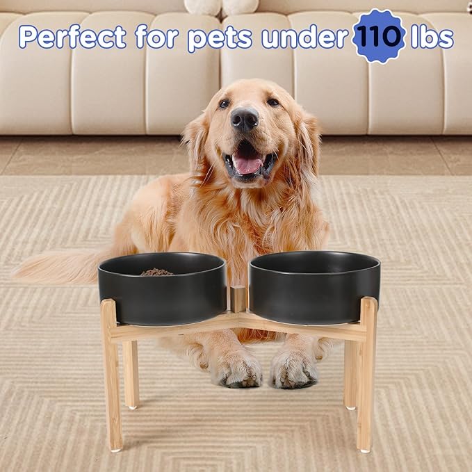 SPUNKYJUNKY Elevated Dog Bowls Ceramic, 8.3'' Dogs Food Water Bowls Raised with Non-Slip Bamboo Stand for Large Sized Breed Microwave Dishwasher Safe - 60 OZ,Black