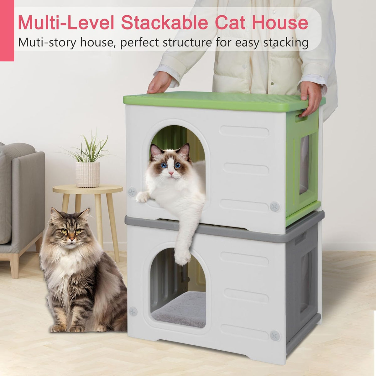 Rockever Plastic Cat House Outdoor with Escape Door, Waterproof Feral Cat House Outdoor Indoor, Sturdy Cat House for Outdoor Cats with Cat Bed Mat, Assemble Easily-Grey