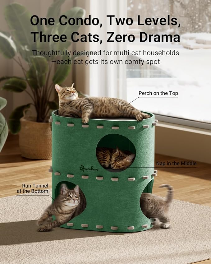 DownyPaws Cat House for Indoor Cats, 2-Storey Foldable Cat Bed Cave, Felt Cats Tunnel Bed Condo, Castle Kitten Cube Hideaway for Multicats, Scratch Resistant, Forest