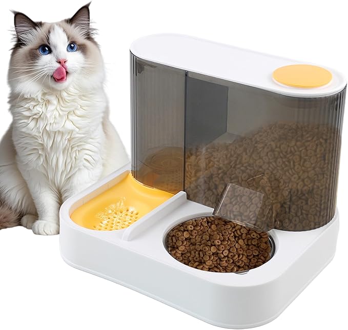 2 in 1 Automatic Cat Feeder and Water Dispenser Combo,All-in-One Dog Food and Water Dispenser Set with Stainless Steel Food Bowl Detachable Gravity Feeder for Cat Kitten Small Dog(Yellow)