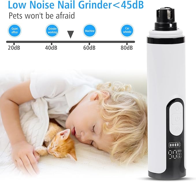 Pet Nail Grinder for Dogs and Cats - Super Quiet and Low Vibration Electric Dog Nail Grinder with 2 LED Lights - USB Rechargeable and Cordless - 3 Speeds - Small to Large Pets (White)
