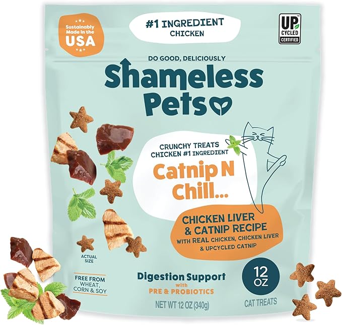 Shameless Pets Crunchy Cat Treats - Catnip Treats for Cats with Digestive Support, Kitten Treats with Real Ingredients, Natural & Healthy Flavored Feline Snacks - Catnip N Chill Chicken Liver, 12 oz