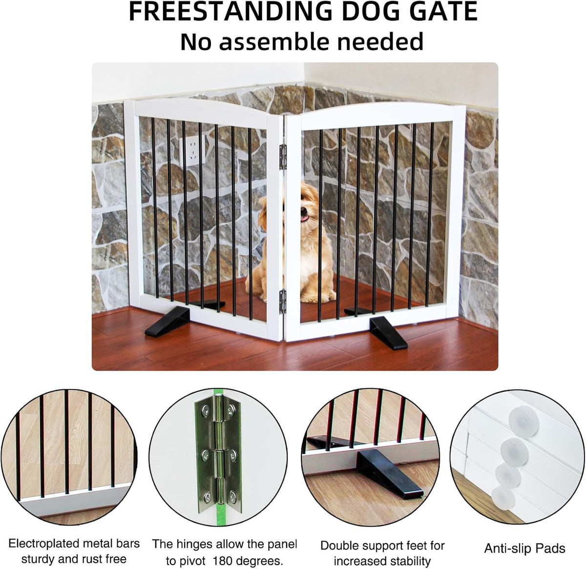 Freestanding Panel Dog Gate for Indoor, Doorways,Stairs, or Hallways,Foldable Wooden Dog Gates for House,Pet Gate for Dogs,Dog Fence, Puppy Gate,Support Feet Included,32 "Height-2 Panels,White