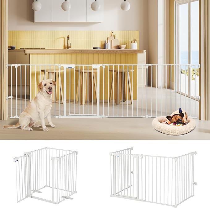 Freestanding Dog Gates with Door Walk Through, Extra Wide Doggy Door 100" W x 29" H Pet Gate Safty 4 Panels Dog Fence for Stairs, Doorways, White