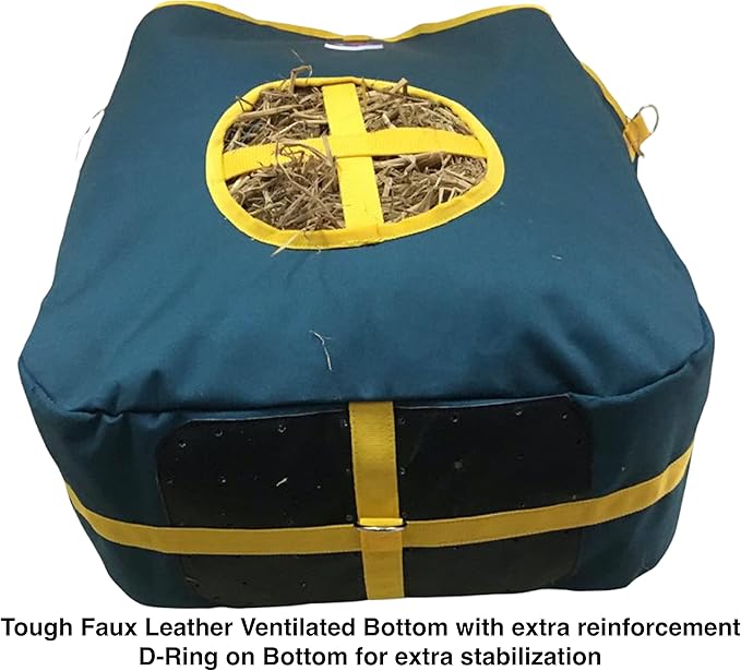 Majestic Ally Nylon Hay Feeder Tote Bag for Horse, Goat, Sheep - Double Sides Open Feed Hole with Faux Leather Ventilated Bottom- Premium Quality -Simulates Grazing - Reduces Waste (Hunter Green)