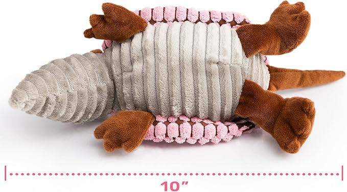 Hollypet Plush Dog Squeaky Toy Stuffed Armadillo Animal Pet Puppy Chew Toys with Clean Teeth for Small Medium Large All Breed Sizes Dogs, Pink, 8 in