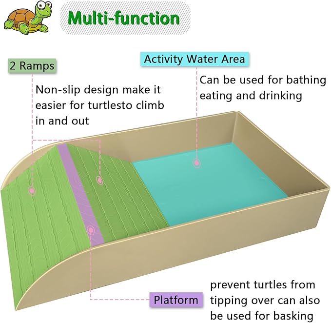 NGORAY Tortoise Feeding Dish with Ramp and Basking-Platform - Leaf Tortoise Water Food Bowls, Reptile Water Dish Amphibians Habitat, Reptile Water Bowl Fit for Amphibians with Forcep Cleaning Clip