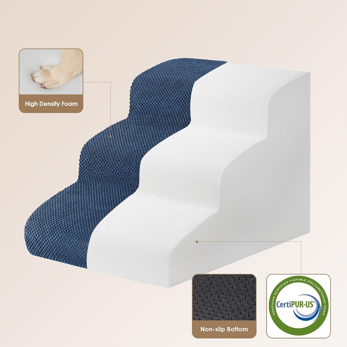 EHEYCIGA Curved Dog Stairs Ramp for Small Dogs 15.7" H, 3-Step Dog Steps for Couch Sofa and Chair, Pet Stairs for Cats, Non-Slip Balanced Pet Steps Indoor, Navy