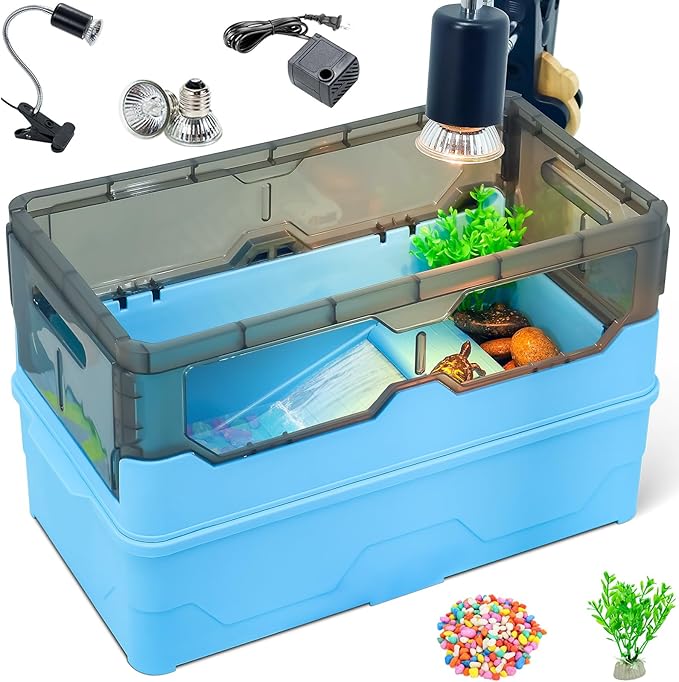 Turtle Habitat Tank Kit– Fresh Filtration, Waterplay Fun, Diverse Living, Heat Lamp, Water Pump and Convenient Water Changes in Tanks Habitat Kits Turtle cage (Blue, Medium)