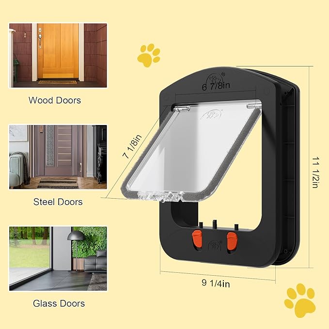 [ALUMANI] Cat Door for Interior Door and Exterior Door, 4 Way Locking Cat Door with Magnetic Flap, Collar Activated Pet Door, 2pcs of Cat Magnetic Collars, Black