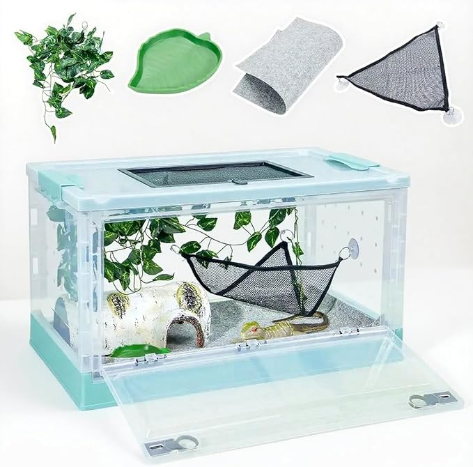 22" Foldable Reptile Terrariums Snake Tanks Enclosures for Bearded Dragons Iguanas Lizards Crested Geckos Clear Views Portability High-Temperature Resistant Mesh (Blue, Large)
