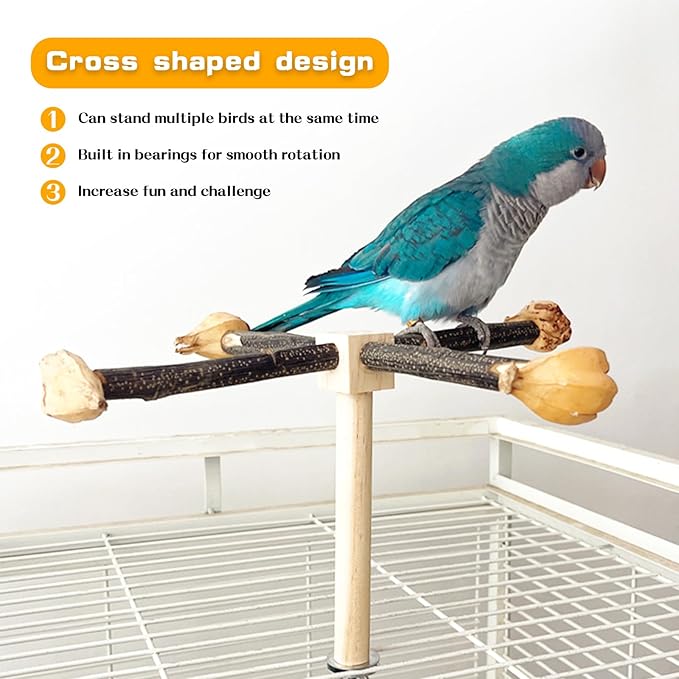 Rotating Parrot Perch Toy with Chew Toy,Interactive Spinning Toys，Wooden Exercise Wheel Parrot Toys, Bird Perch Bird Toys Parakeet Toys，Bird Cage Accessories Wooden Chew Toys Perch Stand