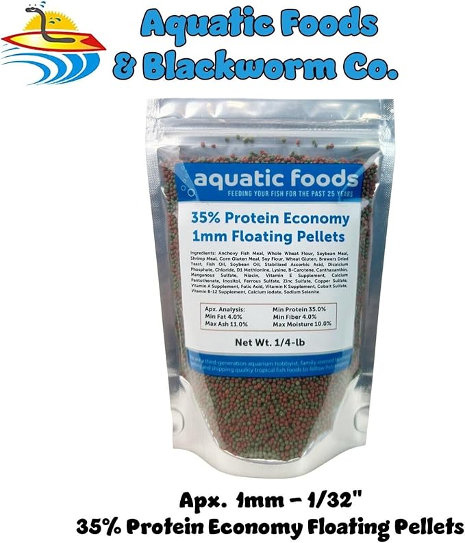 Aquatic Foods Inc. 1mm - 1/32, 35% Protein Economy Floating Pellets for All Community Fish, Tetras, Guppies, Angel Fish, Cichlids, Goldfish. All Tropical Fish - WL…1/4-lb Foil Pouch Bag