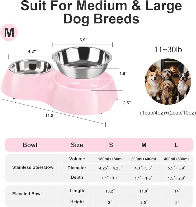 Double Dog Bowls Set – Non-Slip Pet Food & Water Dishes with Resin Stand, Includes Small (1 Cup) & Medium (2 Cups) Bowls – Ideal for Puppies, Cats, and Medium Dogs – Pink
